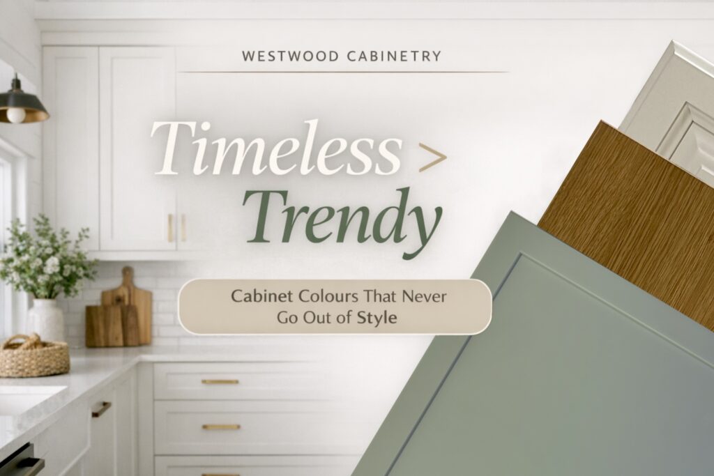 Westwood Cabinetry samples of timeless cabinet colours including natural wood and earthy green finishes.