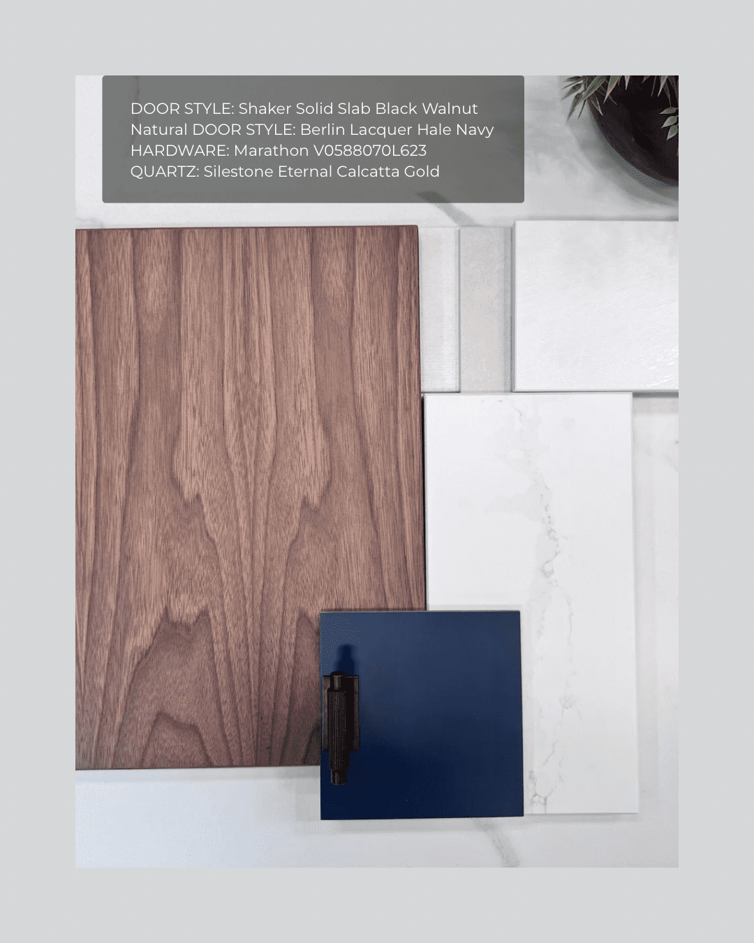 Flat lay of natural black walnut cabinetry paired with hale navy lacquer and Calacatta gold quartz.