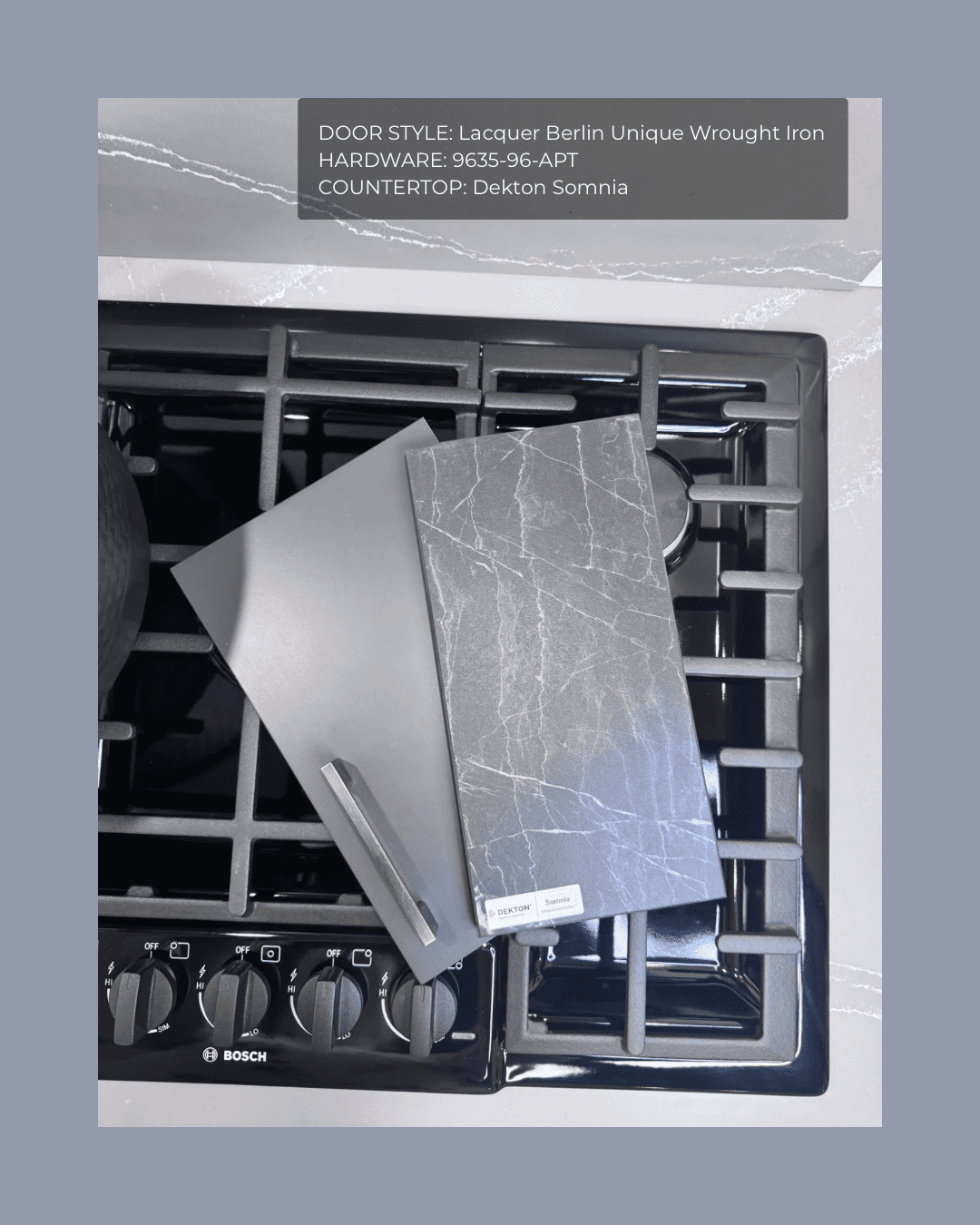 Modern industrial kitchen palette featuring unique wrought iron cabinets, Dekton Somnia, and a Bosch gas range.