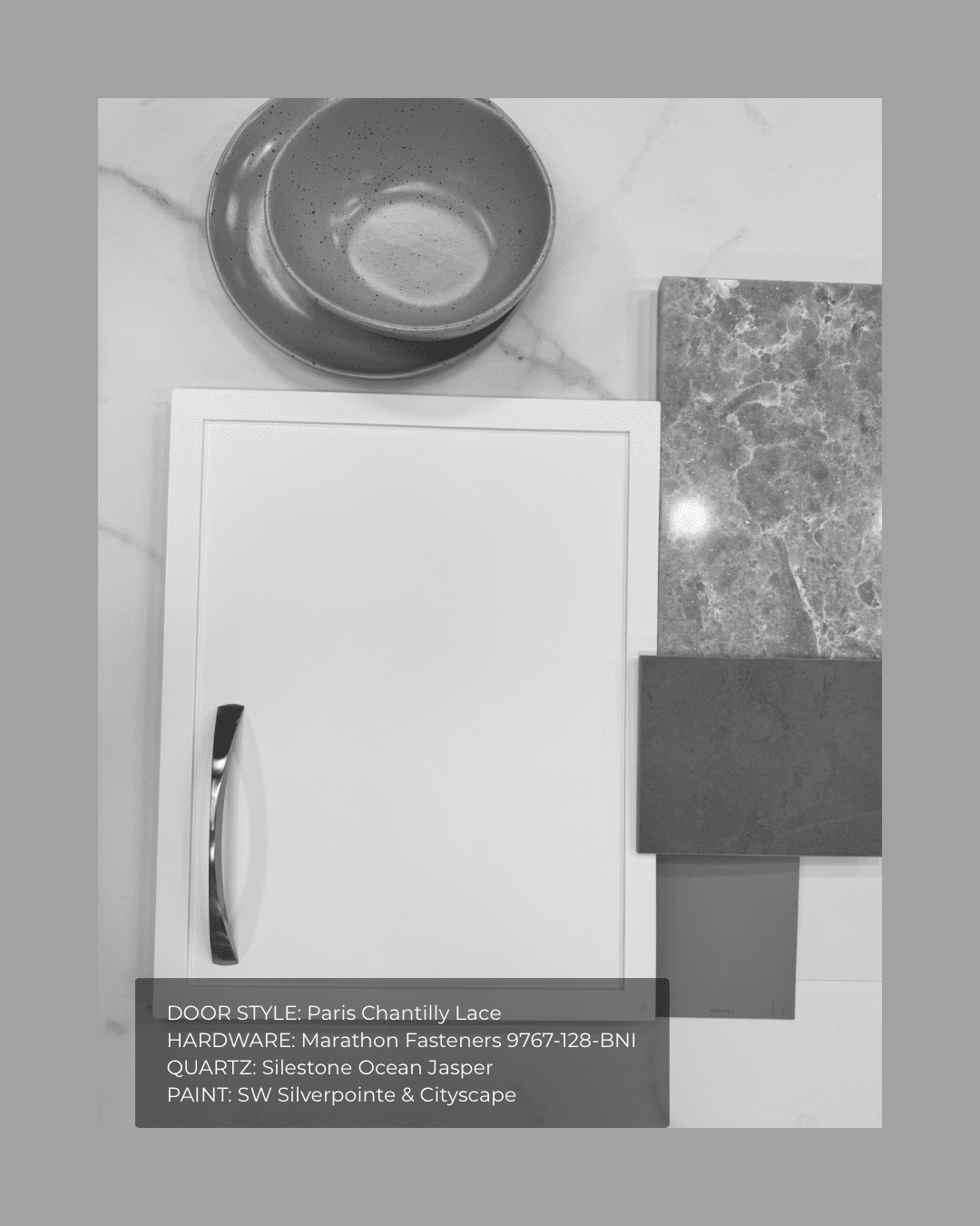 Minimalist Scandinavian kitchen materials with Paris Chantilly Lace cabinetry and soft grey Silestone Ocean Jasper.