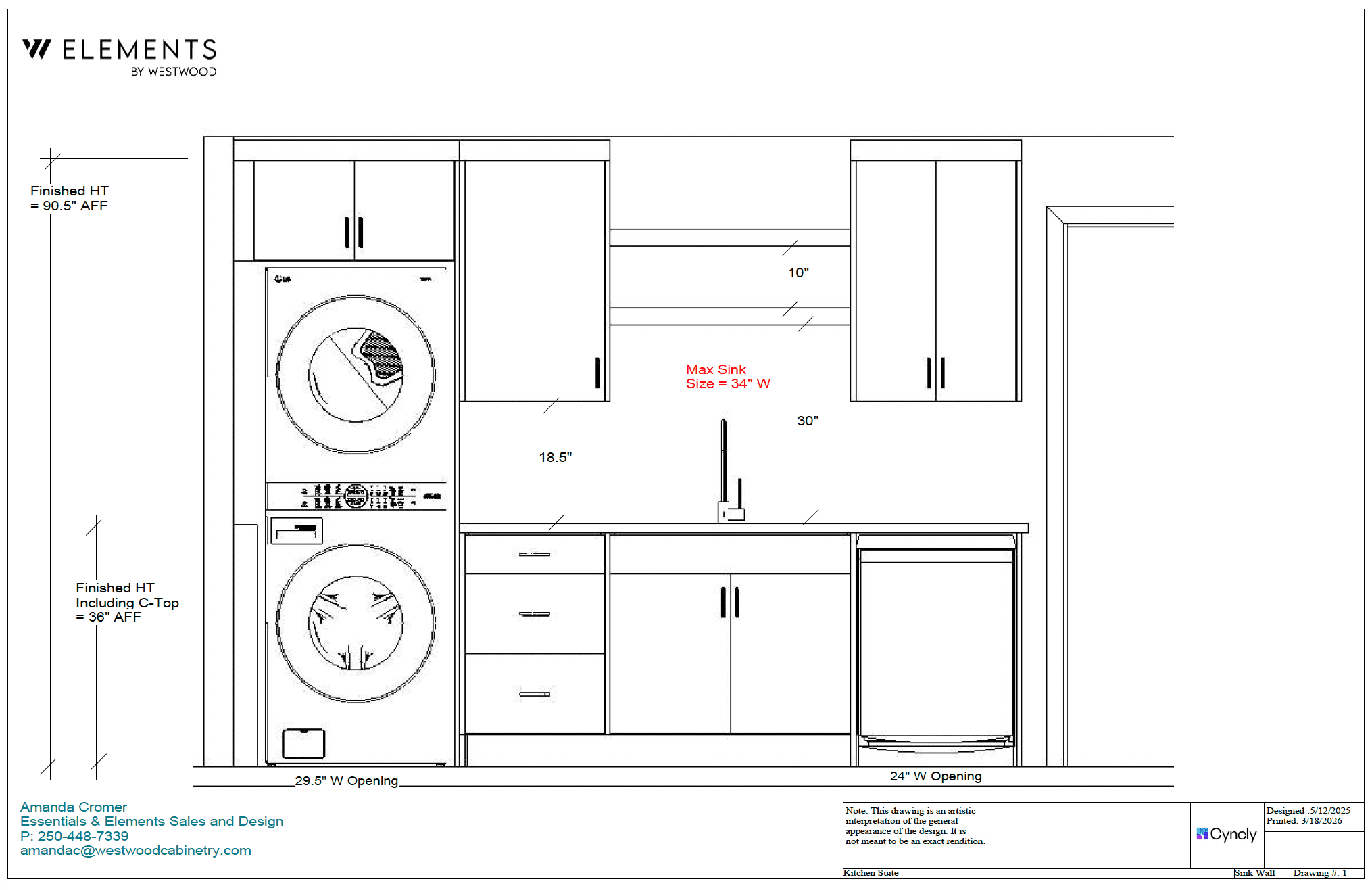 Detailed elevation drawing of a kitchen wet wall including dimensions for a stacked washer-dryer, sink, and dishwasher.