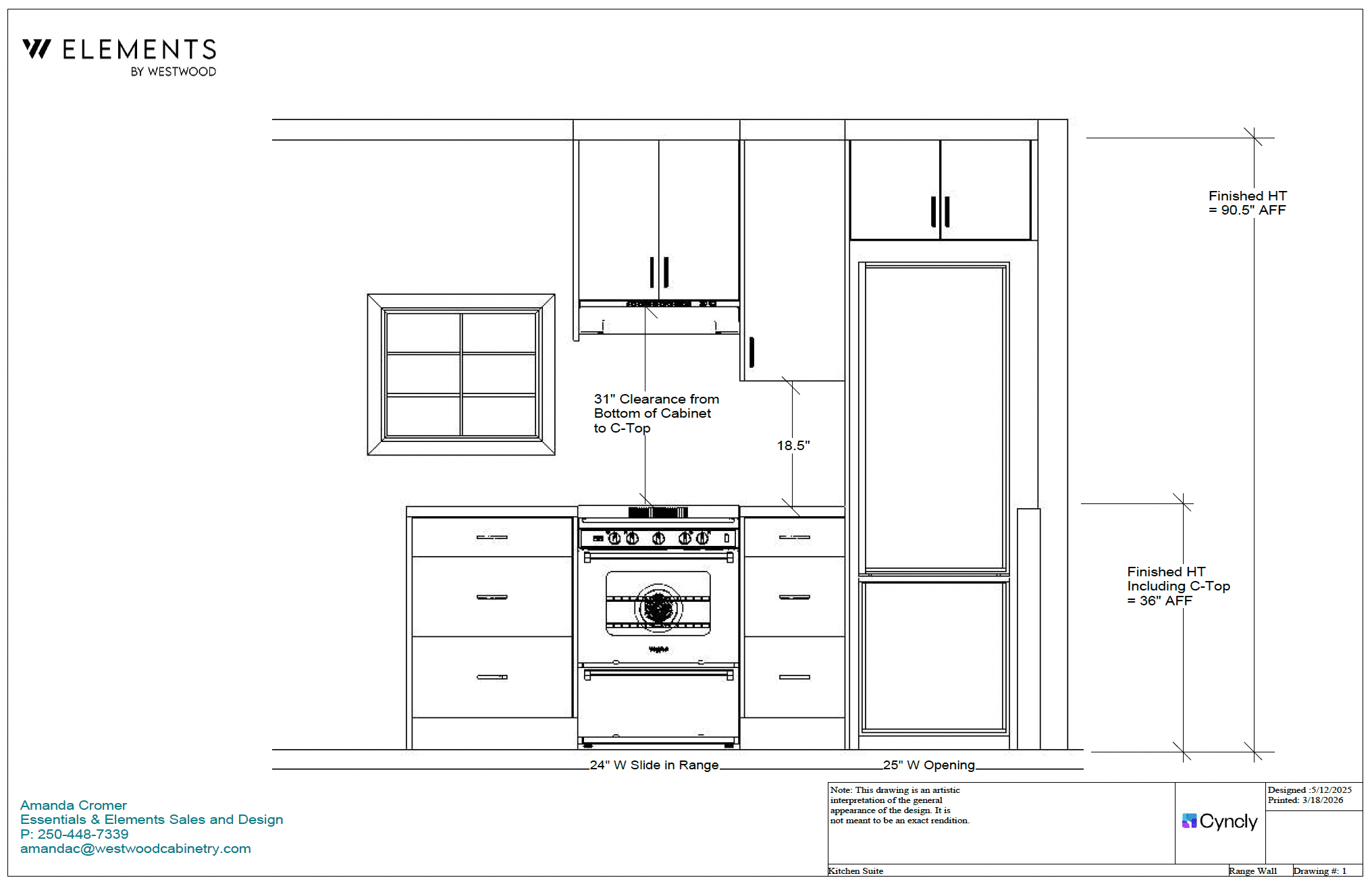 Technical elevation drawing of a kitchen cooking wall showing the range, refrigerator, and cabinet height specifications.