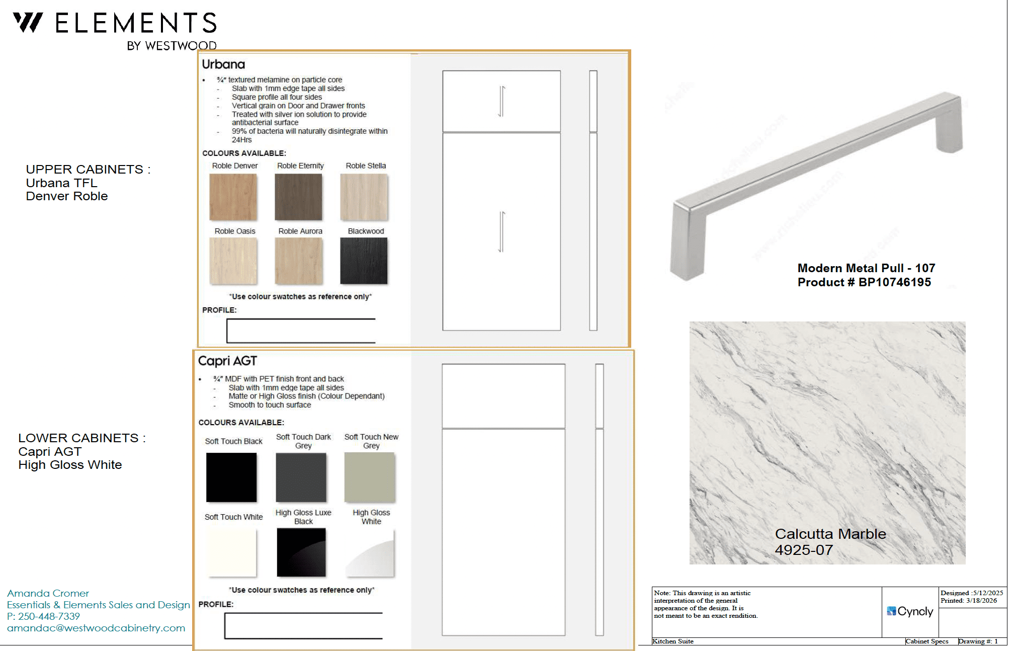Cabinet specification sheet for Westwood Elements featuring Urbana TFL in Roble Denver and Capri AGT High Gloss White finishes with modern metal pulls.