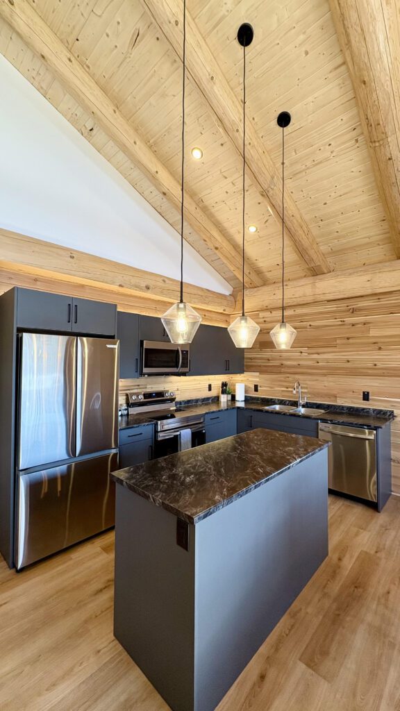 Modern kitchen cabinet ideas featuring matte charcoal finishes and stone countertops in a log cabin at McCulloch Lake Resort.