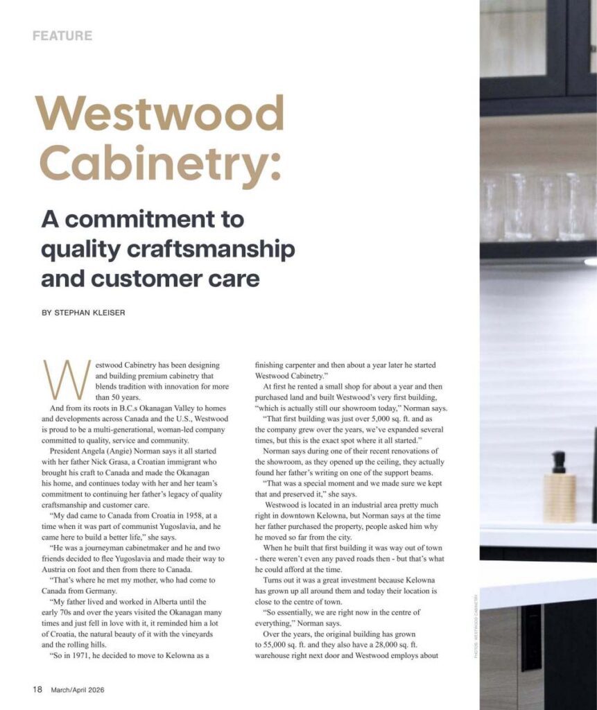 Featured article for Westwood Cabinetry in Woodworking Canada Magazine, March/April 2026 issue, titled "Westwood Cabinetry: A commitment to quality craftsmanship and customer care."