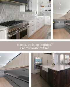 A comparison of different custom cabinetry hardware styles including knobs, pulls, and integrated handles.